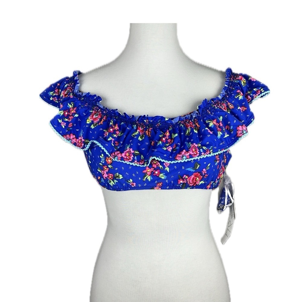 Vera Bradley Cobalt Floral Ruffle Bandeau Swim Top Size XL 16-18 On Off Shoulder